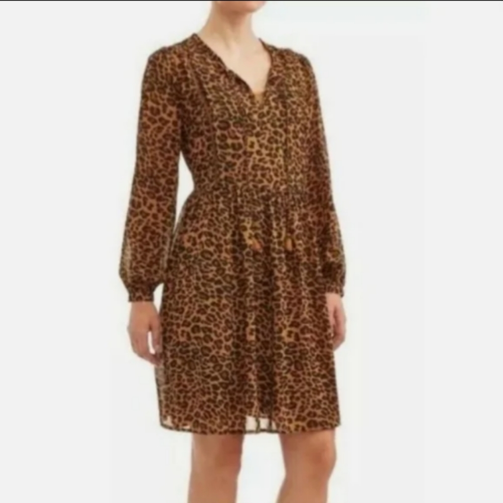 Time & Tru Sheer Brown Black Leopard Print V-Neck Peasant Dress SZ Medium